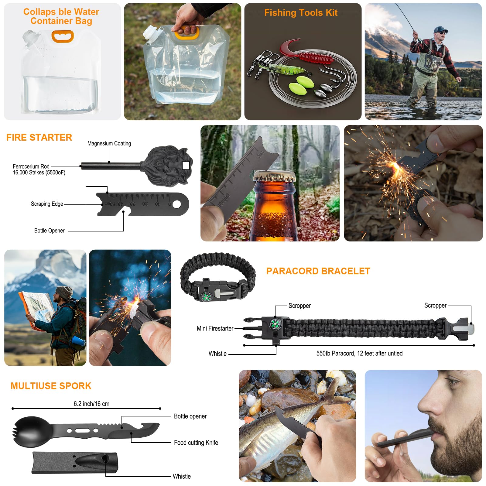 Kit de supervivencia, bolsa de 360 piezas con kit de primeros auxilios. Hacha de camping, pala de supervivencia, herramientas ideales para camping, senderismo