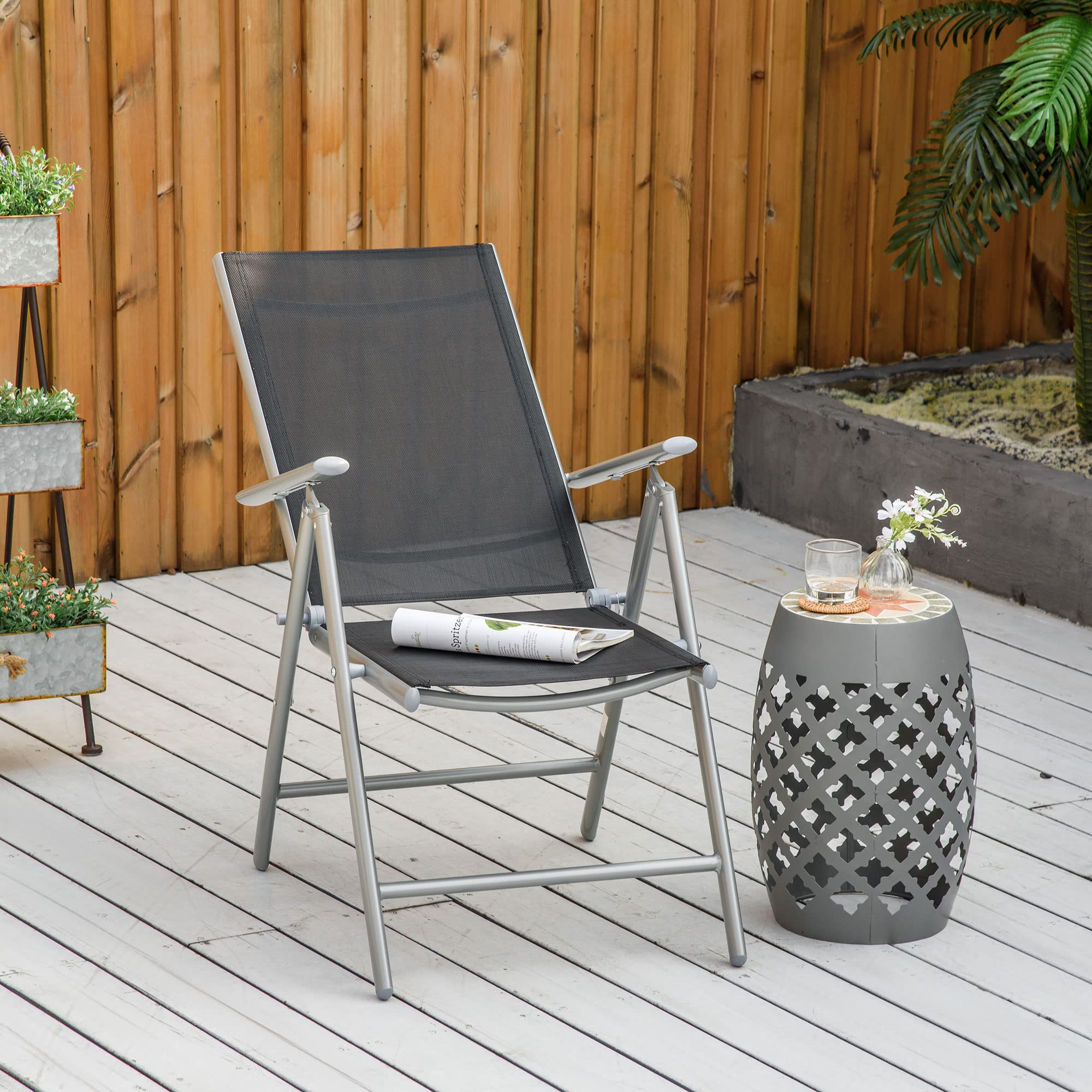 Outsunny Sedia da Giardino Pieghevole Alluminio Texteline Schienale Regolabile 7 Livelli Nero 65x55x85-105cm