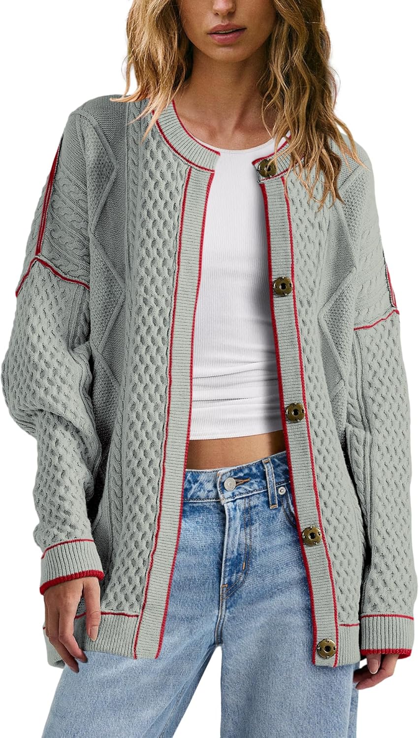 Panadila Womens Oversized Cable Knit Cardigan Sweaters Lightweight Button Down Cardigan Fall Striped Jackets with Pockets