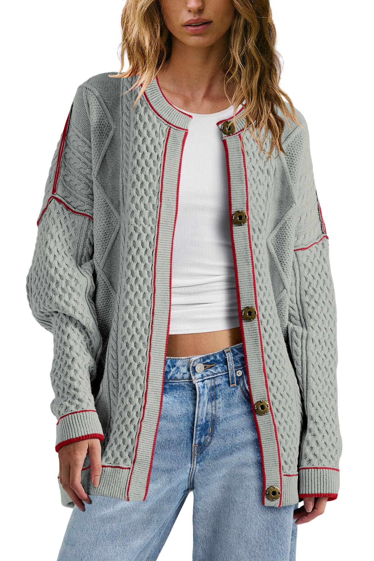 Panadila Womens Oversized Cable Knit Cardigan Sweaters Lightweight Button Down Cardigan Fall Striped Jackets with Pockets