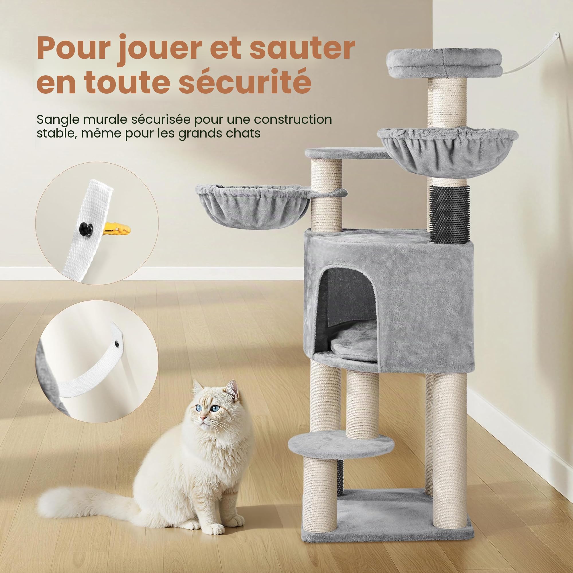 Yaheetech Grand Arbre à Chat avec Griffoirs, Niche, Paniers, Perchoir, Jouets Brosse pour Chat 25 KG, 56×56×160 cm, Poteaux en Sisal 11 cm Ø, Tour de Jeux Solide pour Les Maine Coons Gris Clair/Beige