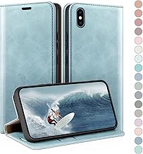 HUOUH für iPhone X/XS 5,8" Hülle mit RFID Schutzhülle aus Lederhülle Handyhülle,360 Grad Schutz Case,Kartenfach Leder ständer Handy hülle für Apple X/XS Klapphülle Wallet Cover Hellblau