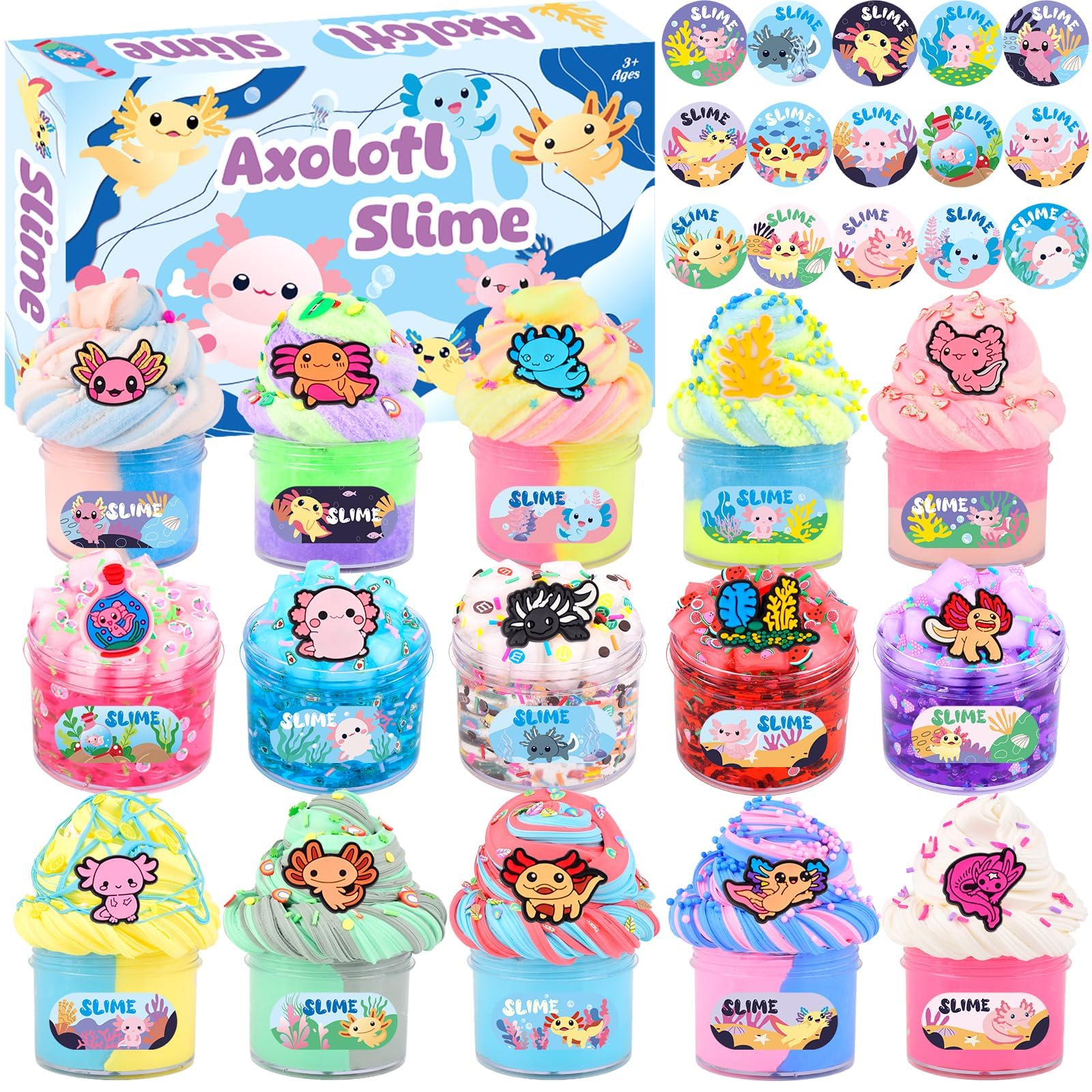 15 Pack Mini Gradient Axolotl Slime Kit Age 3+, Cloud, Clear & Butter Slime Making Kit, Soft & Non Sticky Fluffy Slimes Kits for Girls & Boys with Cute Charms & Add-ins, Party Favors, 675ml