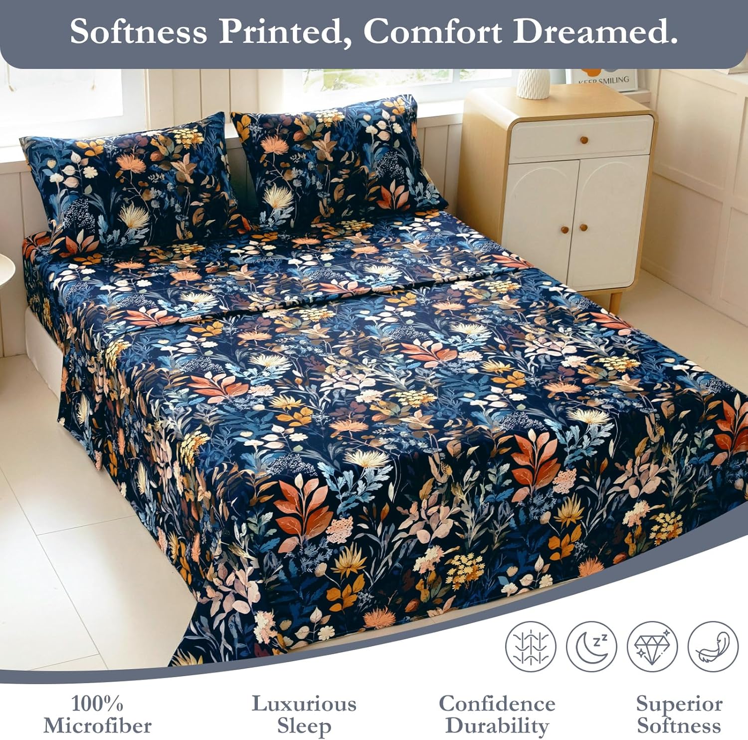 MICORAL Boho Floral Queen Sheet Set, 4-Piece Printed Botanical Bed Sheets, 16" Deep Pocket, Ultra Soft & Cooling Sheet, Oeko-TEX Certified, Midnight Blooms - Image 4