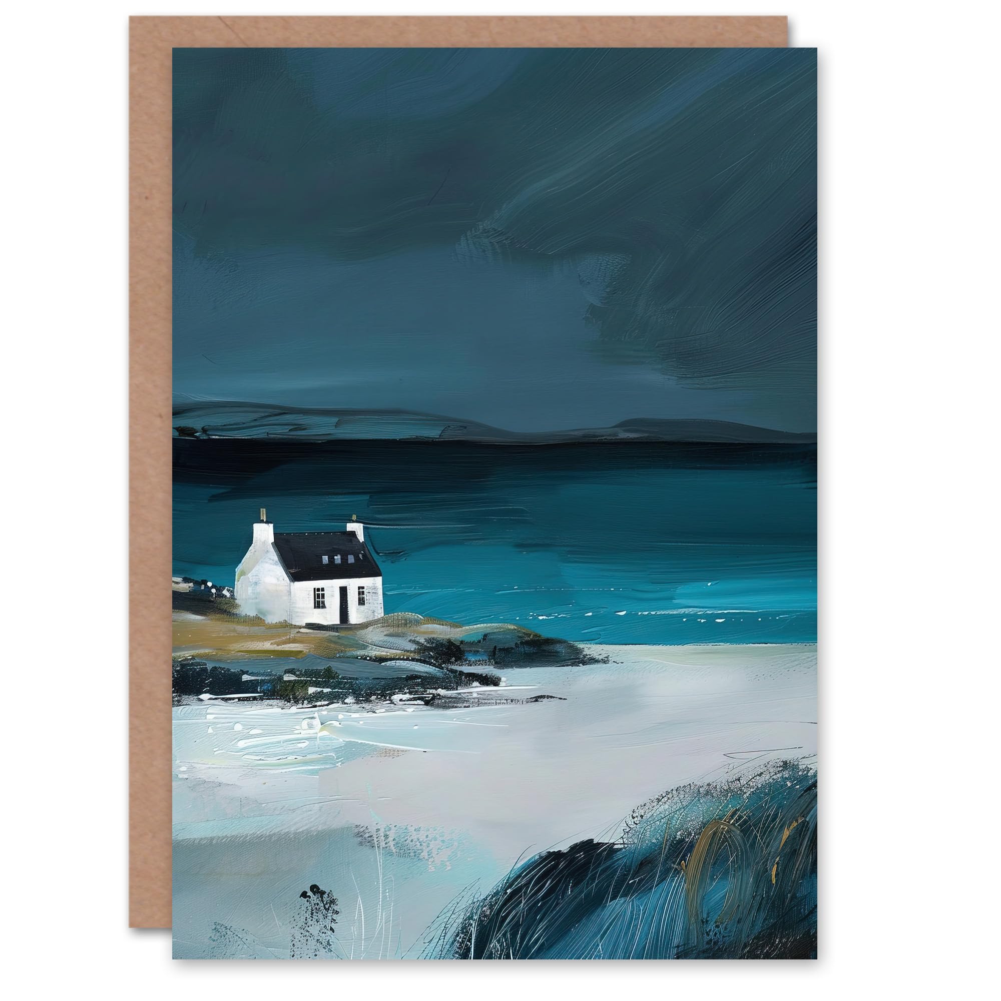 Artery8 Scottish Cottage on Coast Timeless Oil Painting Greeting Birthday Card Him Her All Blank