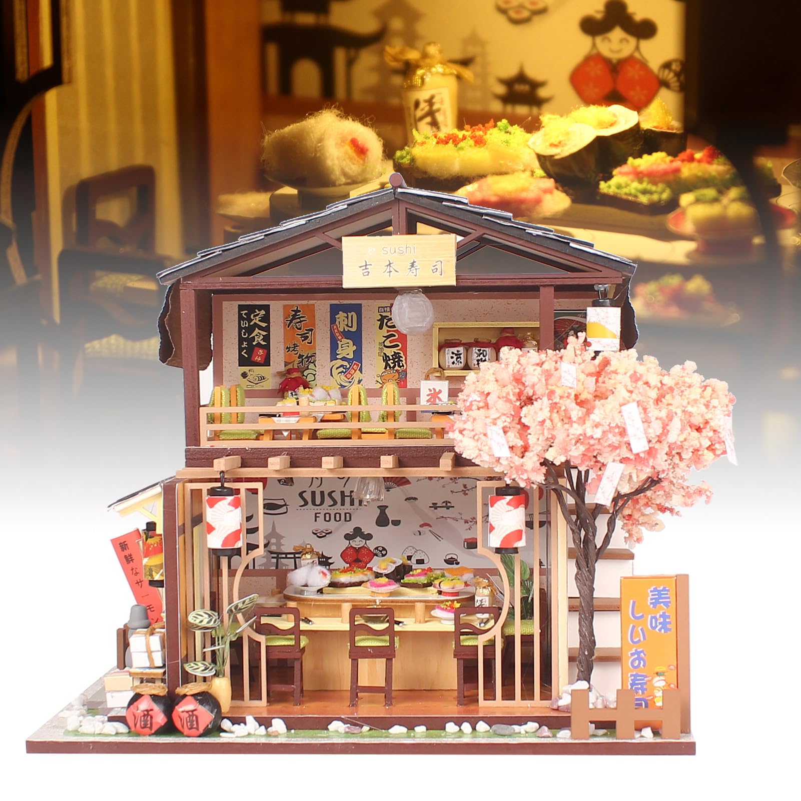 DIY Sushi Shop Model Drewniany Zestaw Japońska Miniaturowa Zabawka do Montażu z diodą LED dla i Dorosłych, Projekt Rękodzielniczy do Dekoracji Wnętrz i Prezentów