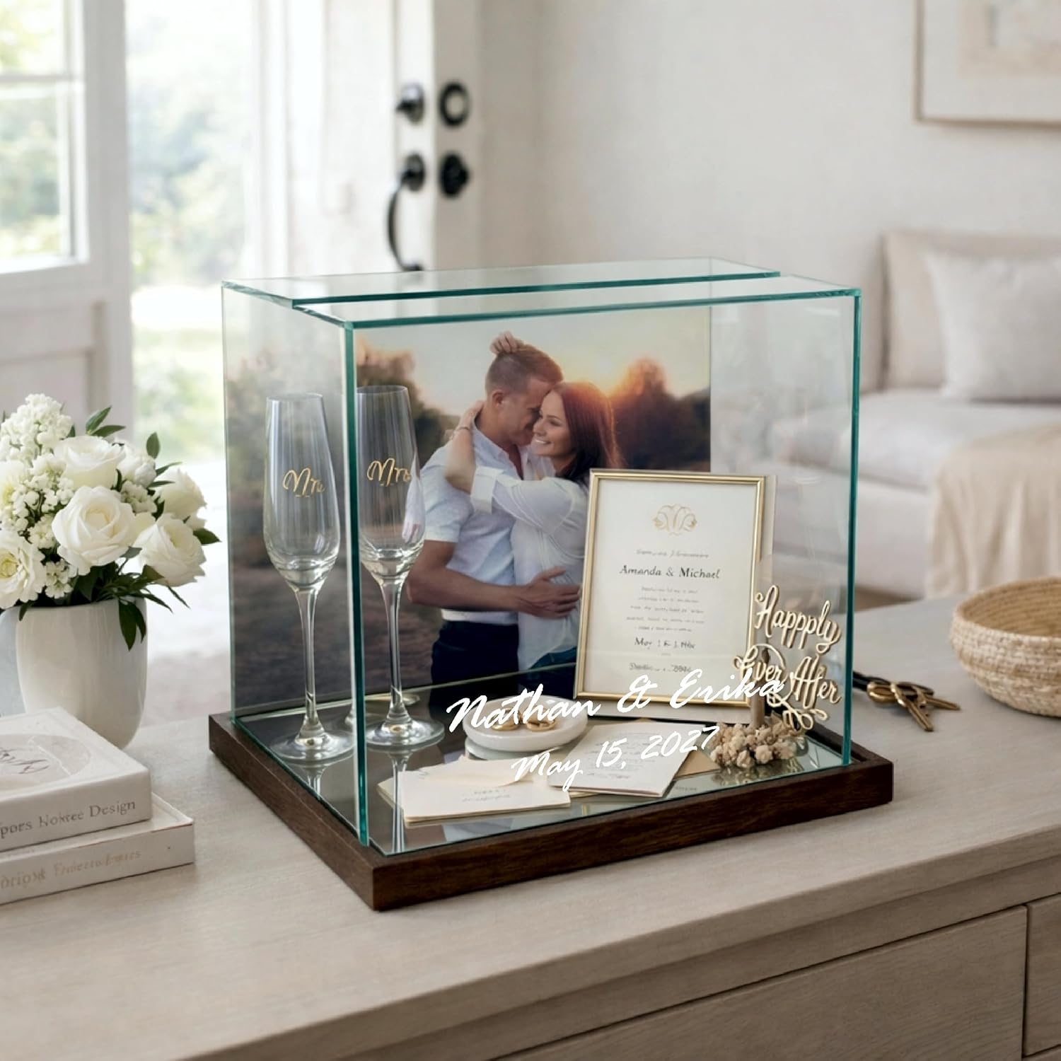 Perfect Cases Personalized Wedding Card Box with Photo | UV Printed Couple's Photo on Real Glass | Custom Names & Date | Mirrored Base | 8 Frame Colors | Wedding Keepsake Display Case