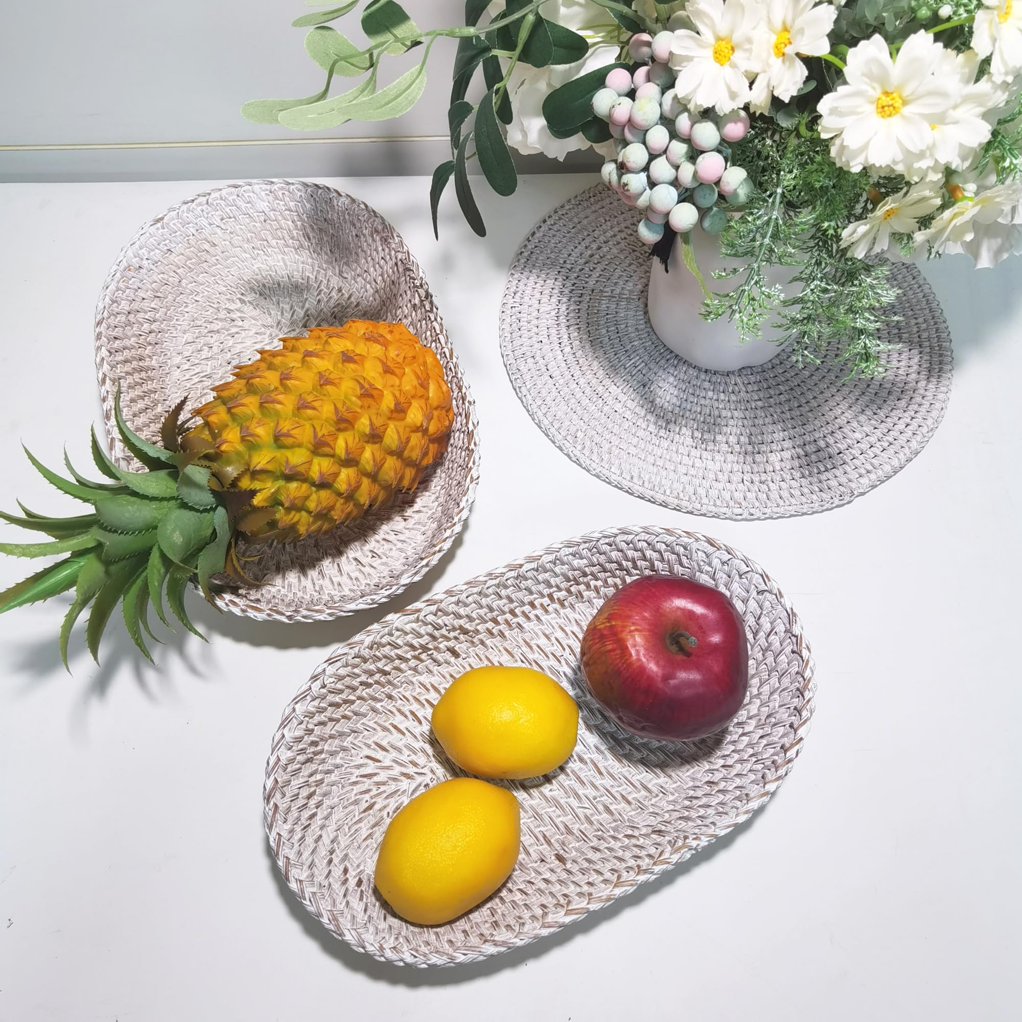 i-lan Cesta para servir pan de ratán tejido blanco lavado, cuenco ovalado de mimbre natural, cesta decorativa de almacenamiento de alimentos para pan, aperitivos, dulces, frutas (S: 10 pulgadas)