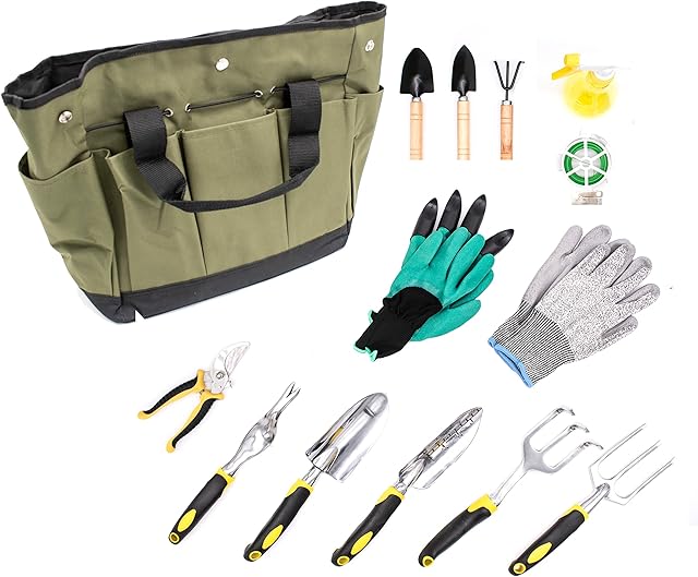 TaylorHe 14 pcs Gardening Tool Set with Heavy Duty Bag and 2 sets of Gloves with Claws