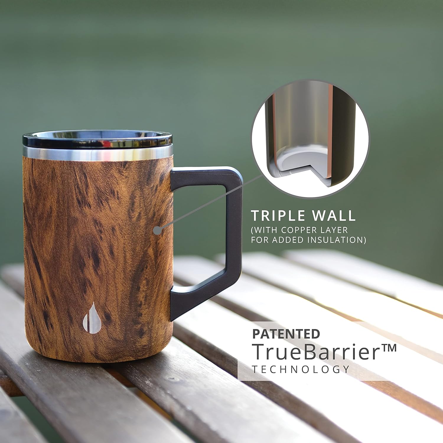Elemental Insulated Coffee Mug - Triple-Wall Stainless Steel Summit Travel Cup for Hot and Cold Drinks - Thermal Coffee Mug with Lid and Handle for Camping, Office & Travel 16oz - Teakwood - Image 2