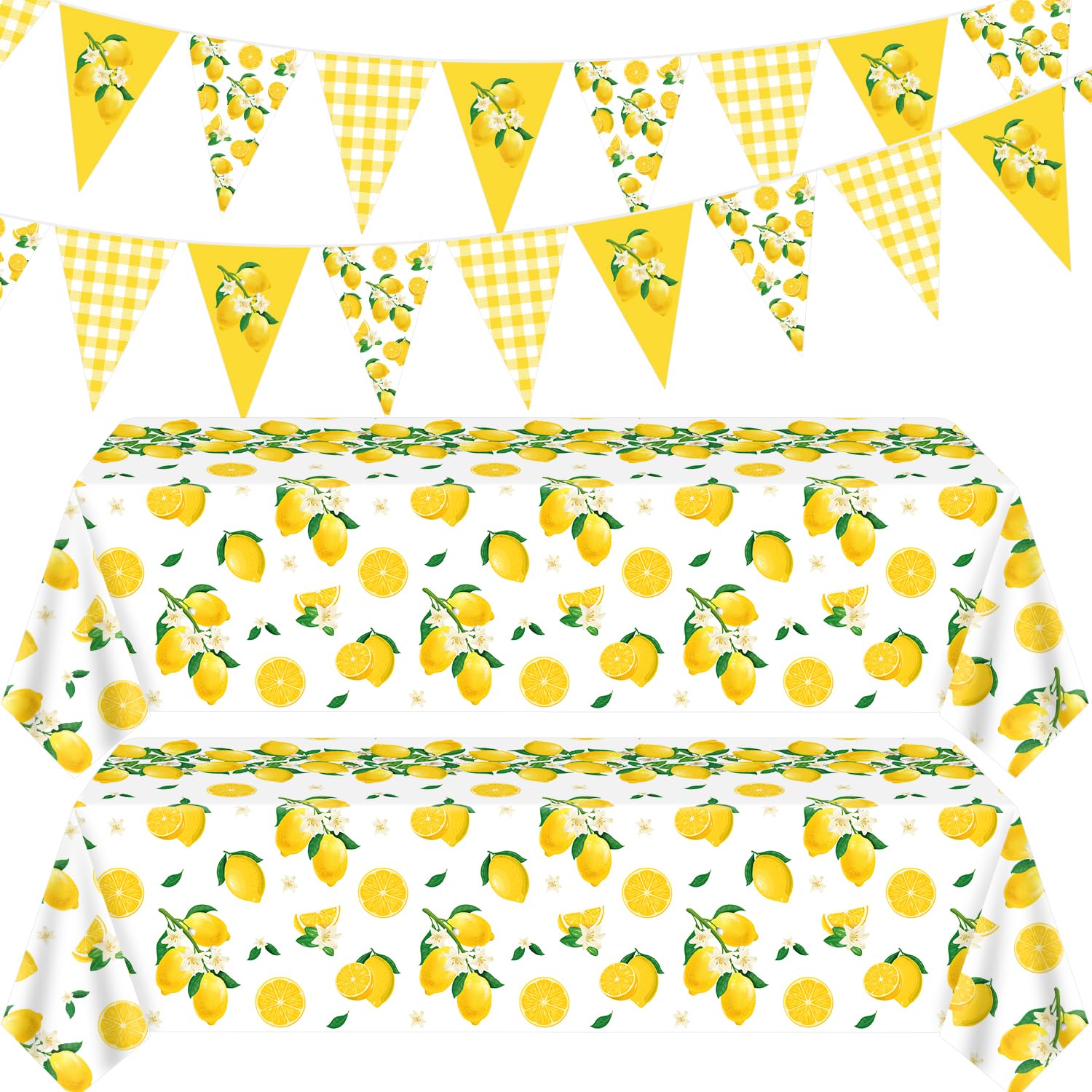 TYXIVO 4 Pcs Lemon Party Decoration Lemonade Tablecloth Lemon Triangle Banners Rectangle 86 x 51inch Plastic Lemonade Tablecloth Fruit Party Baby Shower Birthday Decorations