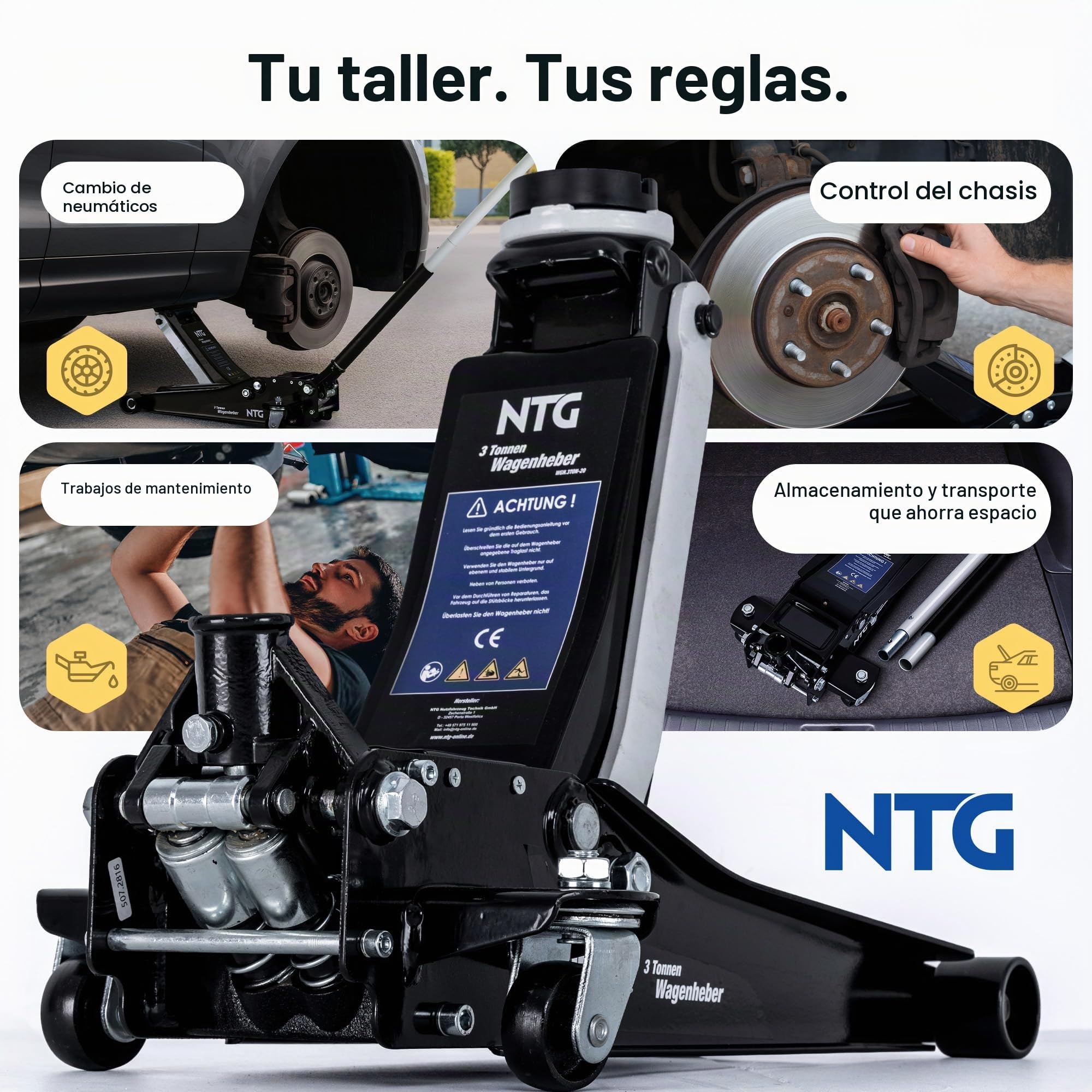 NTG Gato hidráulico hidráulico 3T, capacidad de carga 85 – 485 mm, gato hidráulico con 2 almohadillas de goma para SUV y coches bajos, pistón doble 3000 kg para coche, taller, con bandeja magnética y