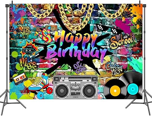 Miniatura 2 de Telón de fondo de cumpleaños de hip hop, 8 x 6 pies, tema de los años 80 y 90, graffiti de ladrillo de roca, fondo de fotos retro para fiesta de