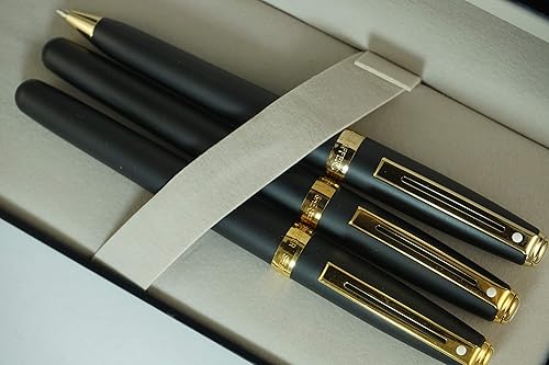 Miniatura 3 de Sheaffer Signature Prelude - Pluma estilográfica de punta mediana de oro sólido de 14 quilates, color negro satinado y oro de 22 quilates, lápiz de
