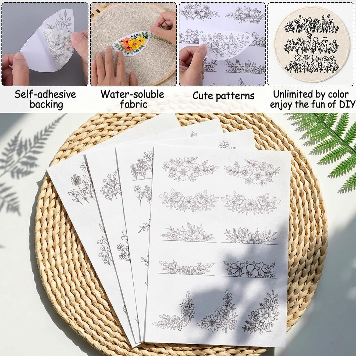 Water Soluble Embroidery Patterns Flower Leaves Stick and Stitch Embroidery Stickers 4 Sheets Embroiderys Transfer Patterns Paper Wash Away Transfer Paper for Hand Sewing Lovers