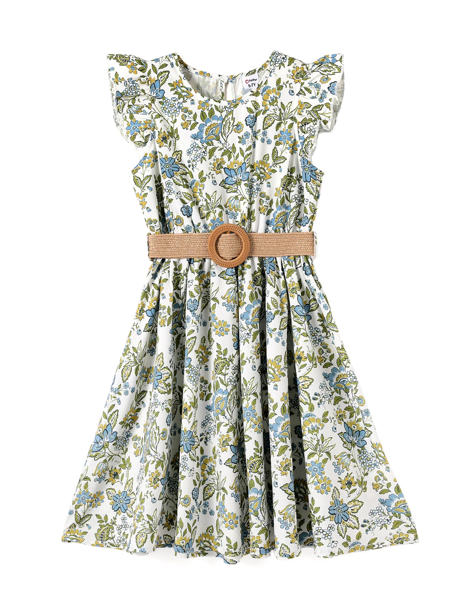 PATPAT Little Big Girls Dress Vintage Boho Floral Ruffle Short Sleeve Casual Swing Dress with Braided Belt