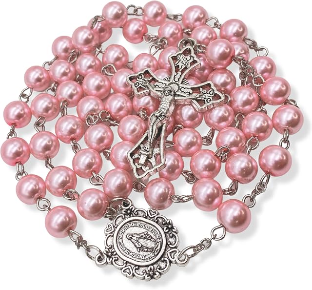 Nazareth Store Pink 8mm Pearl Beads Rosary Necklace Miraculous Medal & Cross in Velvet Bag 20"