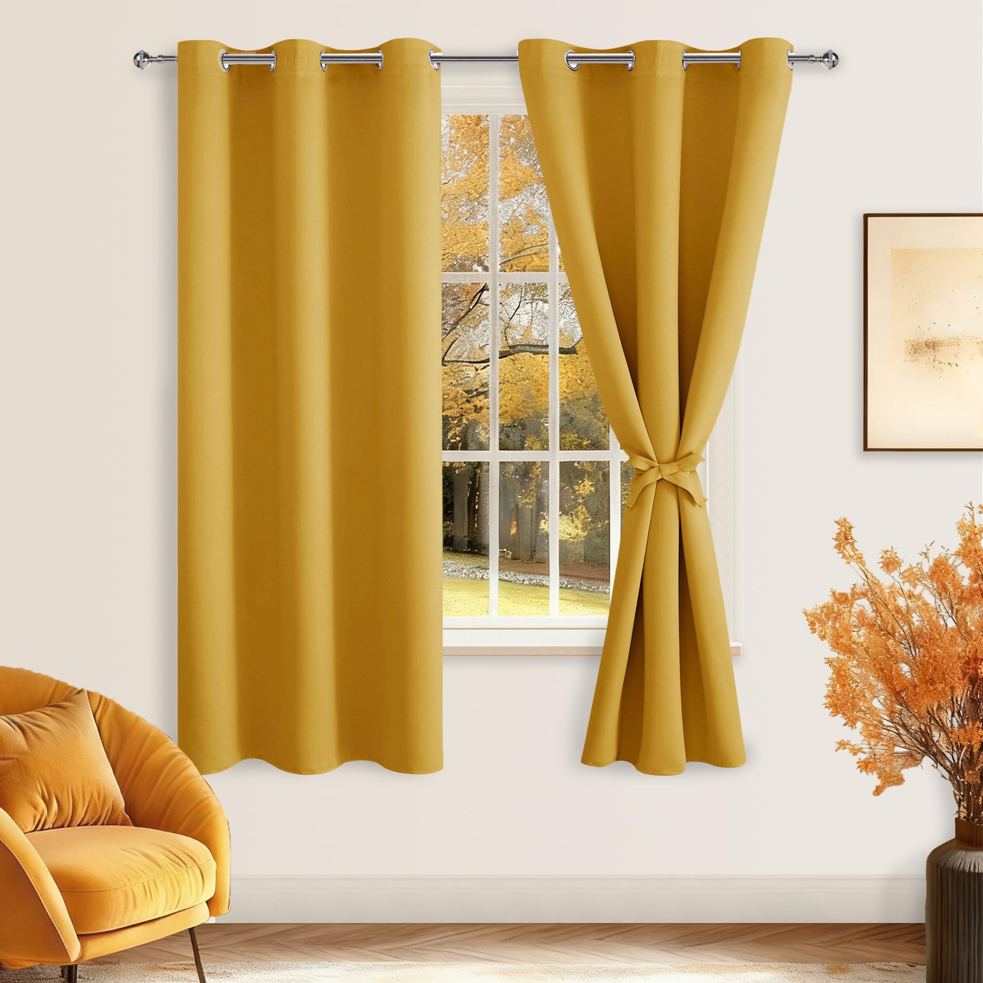 Hiasan Blackout Curtains for Bedroom, 38 x 63 Inches Length - Thermal Insulated & Light Blocking Window Curtains for Living Room, 2 Drape Panels Sewn