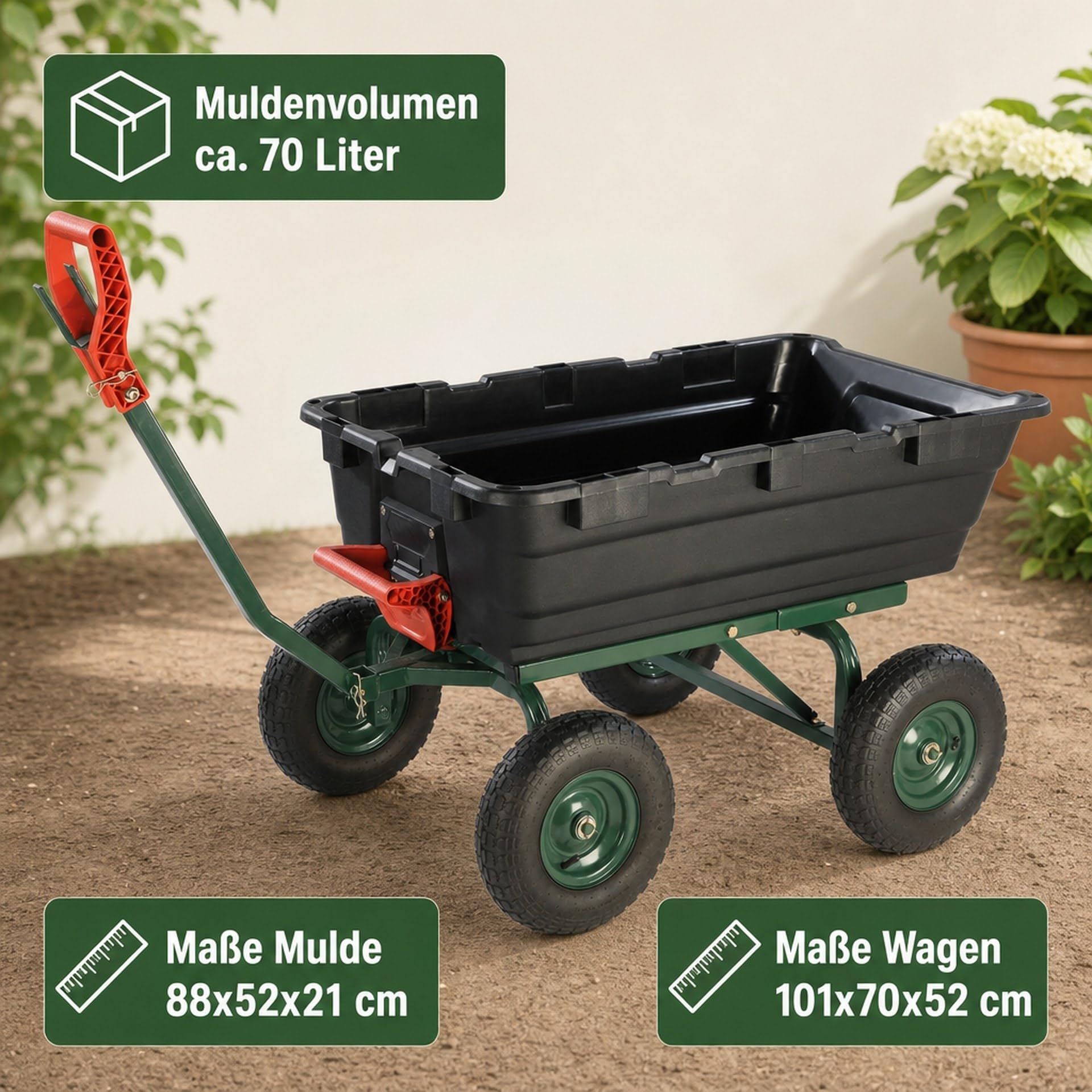 Garten Transportwagen GMGW350 350 kg Tragkraft kippbar breiter Radstand luftbereifte Räder Einhand-Kippfunktion Maße 101x70x52 cm ideal Garten Landwirtschaft