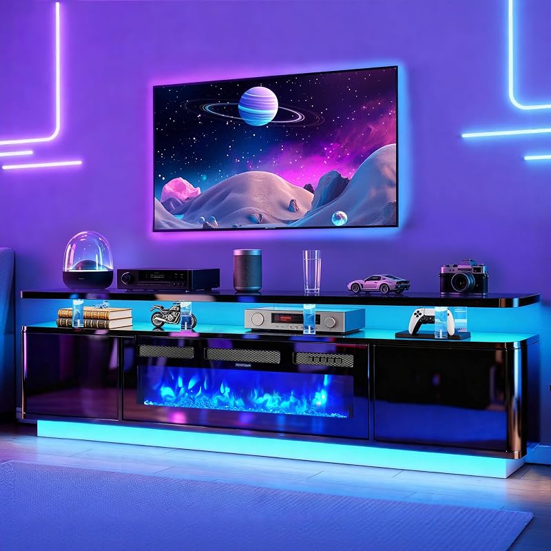 MXV 90" Fireplace TV Stand for TVs UP to 100", Entertainment Center with 50" Fireplace & Double LED Lights, TV Console with Storage Cabinets for Living Room, Home Office, All Black