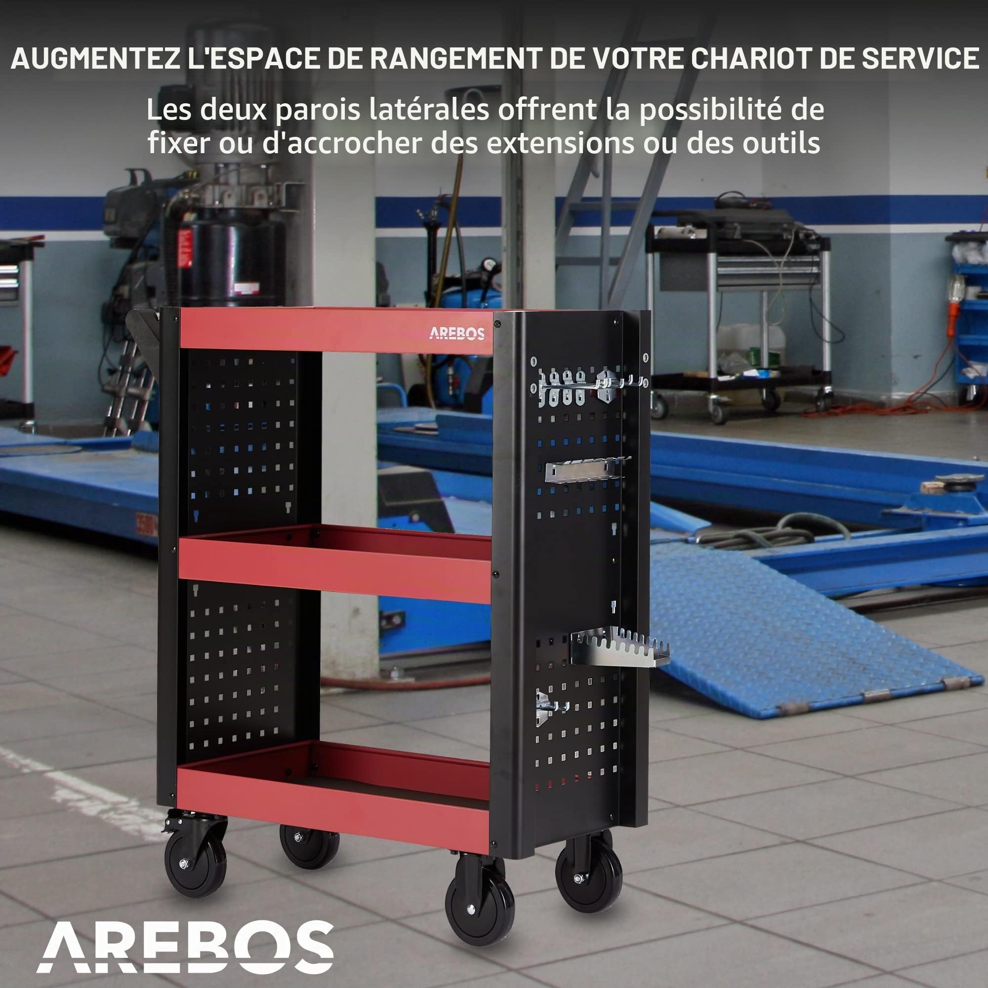 Arebos Chariot de Service Multifonctions | 3 Compartiments | Atelier, Outils, Transport et Stockage | Plateaux Multi-usages