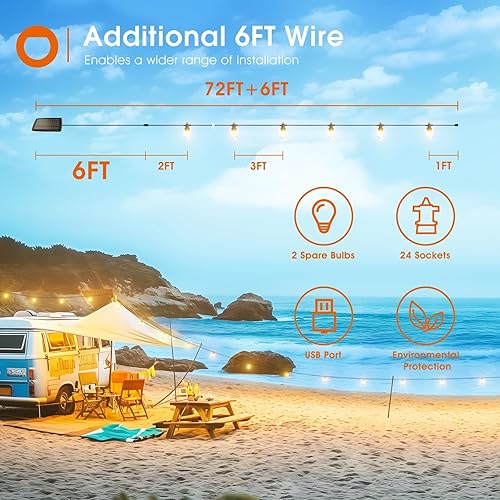 Miniatura 7 de addlon Tira de luces solares de 78 (72+6) pies, impermeable, con puerto USB y control remoto, luces solares para patio, larga duración de más de 20