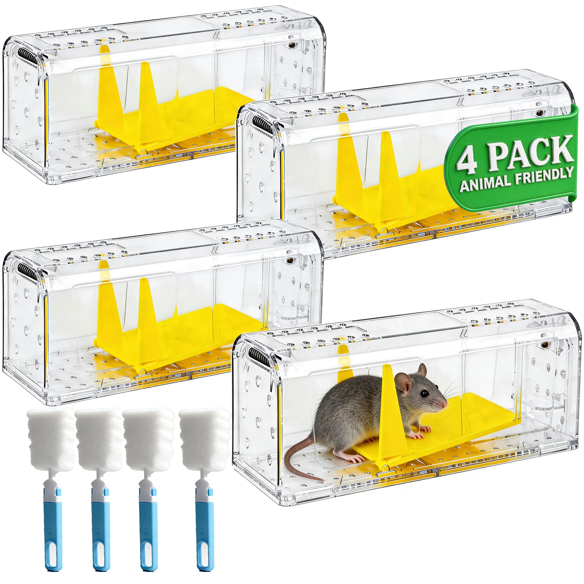 4 Pack Humane Mouse Traps,No Kill & No Glue, Pets & Children Friendly, Reusable Rodent Catcher with Cleaning Brush for Indoor & Outdoor Use