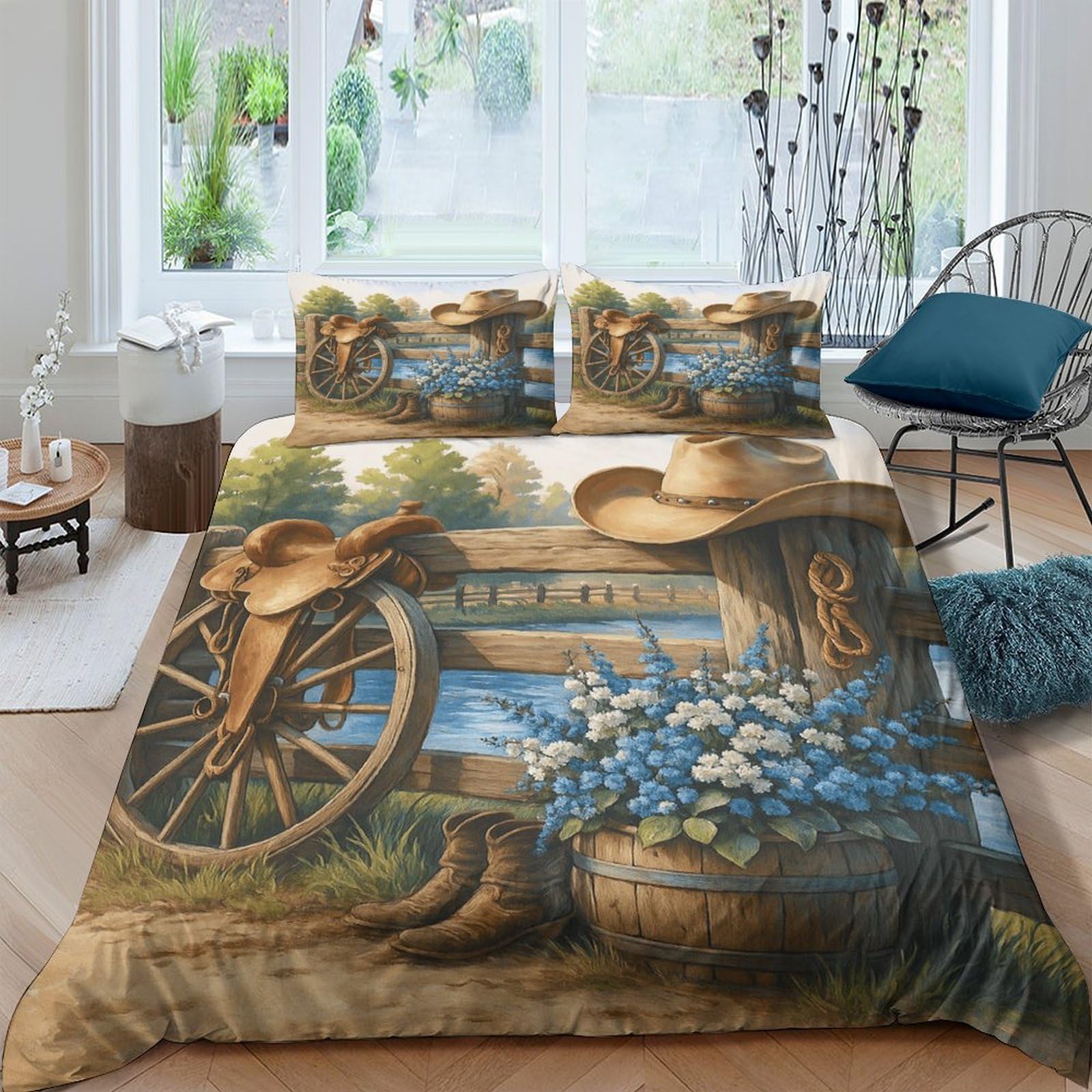 Ctjqhvkz Style-7 3D Printed Vintage Wagon Fitted Sheet Microfiber Rustic Cowboy Hat Bed Cover Wildflower Decor For Bedroom Guest Room Single（135X200cm）