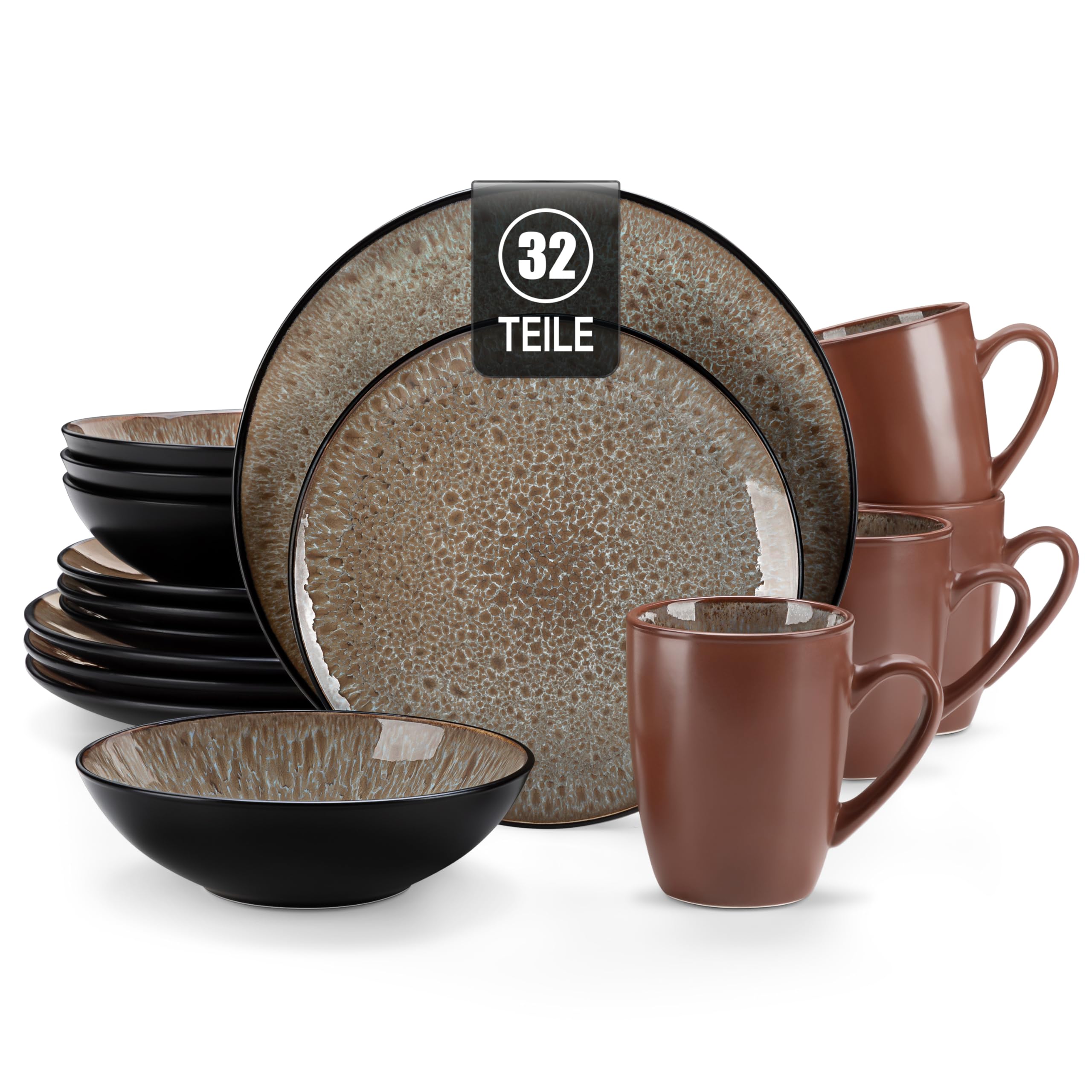 Geschirrset Steinzeug, vancasso BUBBLE 32-tlg Geschirr Set 8 Personen, Reaktive Glasur Tafelservice mit Teller Set, Schalen und Tassen Set aus Steingut