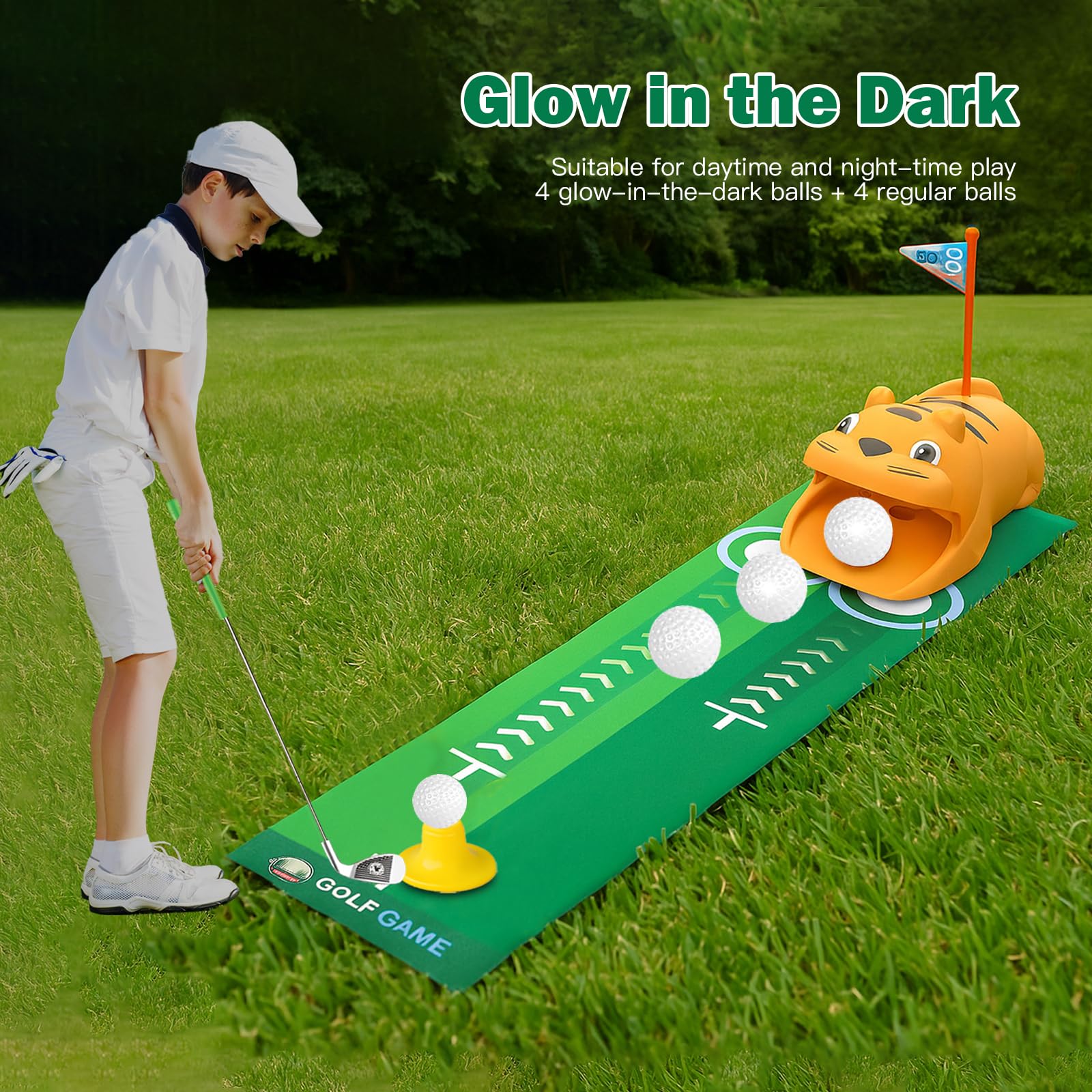 Mini Golf Set 18 Pièces, Golf Jouet Enfants Retour Automatique Dinosaure Case 3 Clubs Rétractables Plein Air