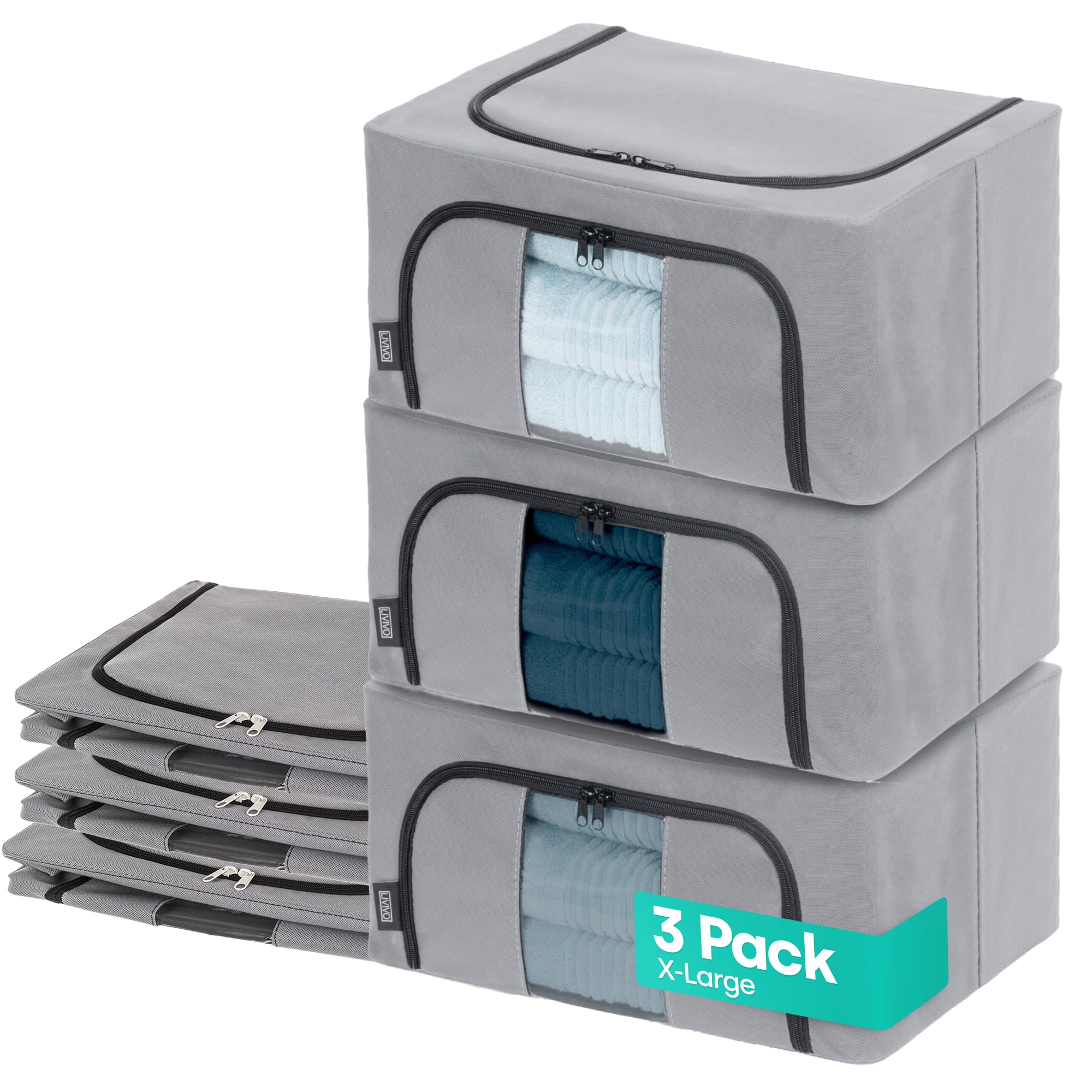 LIVIVO Set of 3 Storage Bags Boxes Organiser With Double Opening Zips Clear Windows Great for Storing Duvets Blankets, Bedding, Clothes Towels, Sweaters Toys - 56L Under Bed Closet Wardrobe Box