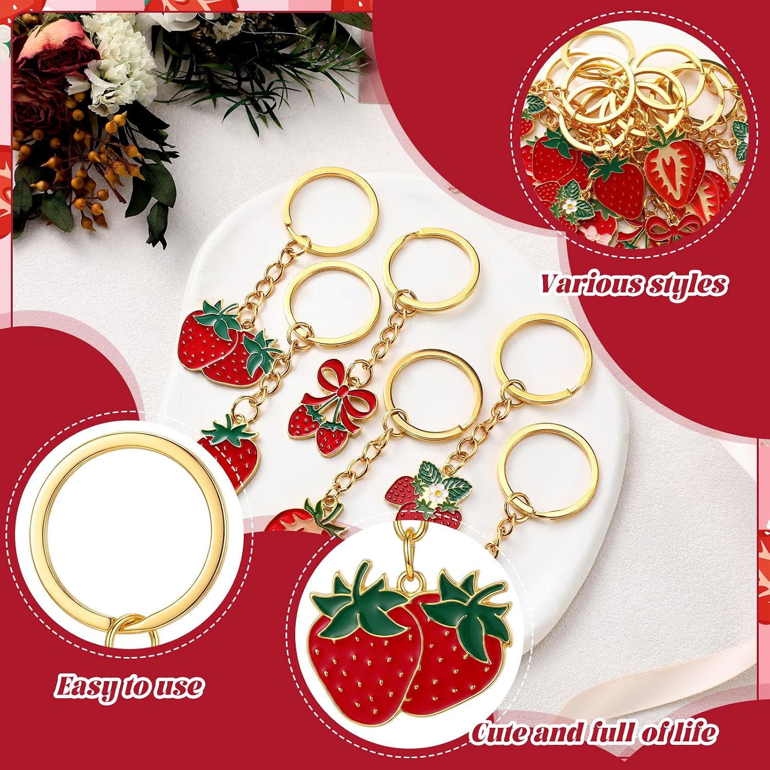 Huquary 36 Pcs Cute Strawberry Keychains Cherry Keychain Bulk Strawberrys Party Favors Cute Fruit Key Chains for Women