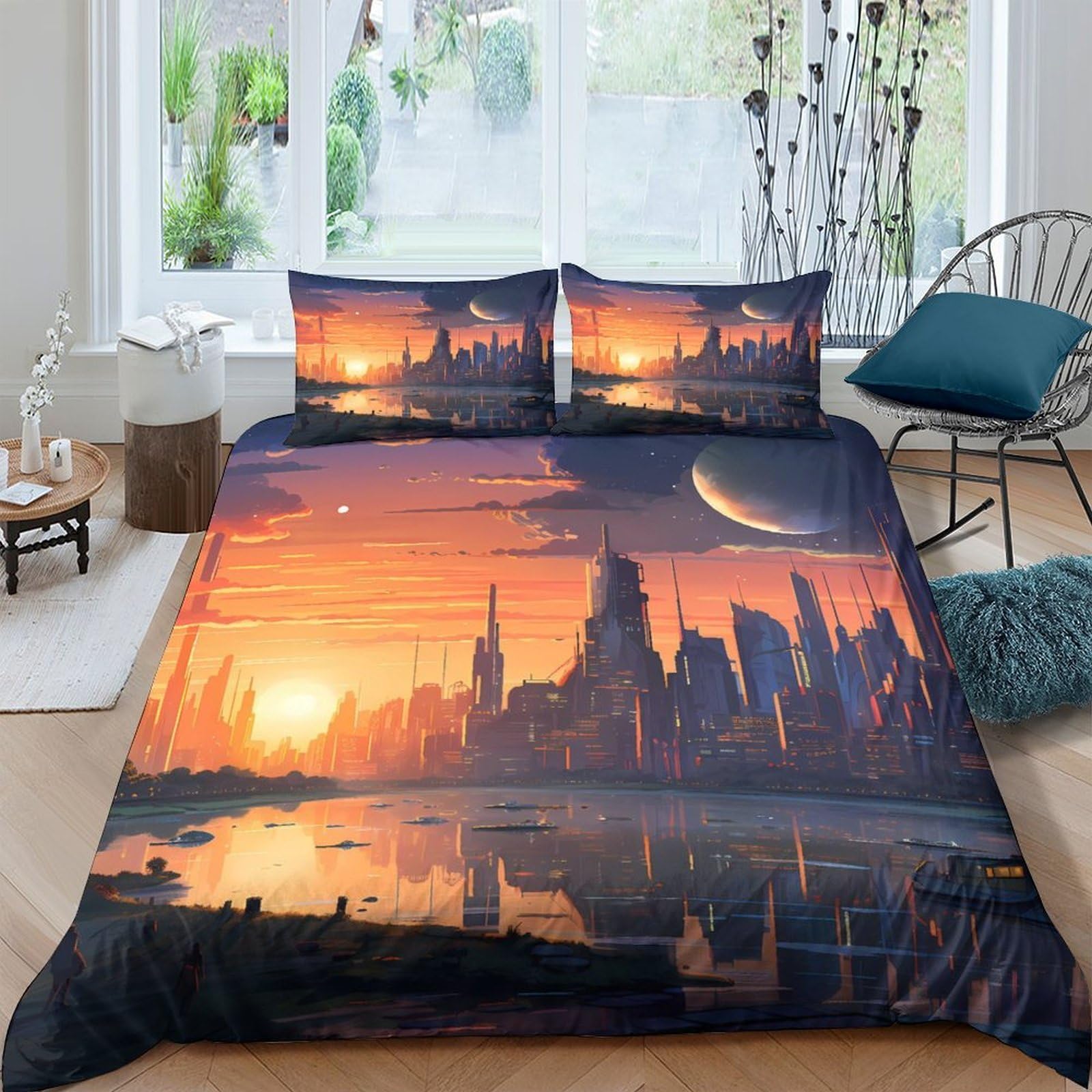 Ctjqhvkz Style-5 3D Printed Sunset Skyline Fitted Sheet Microfiber Soft Orange Cityscape Mattress Cover Bedroom Dorm Decor Single（135X200cm）