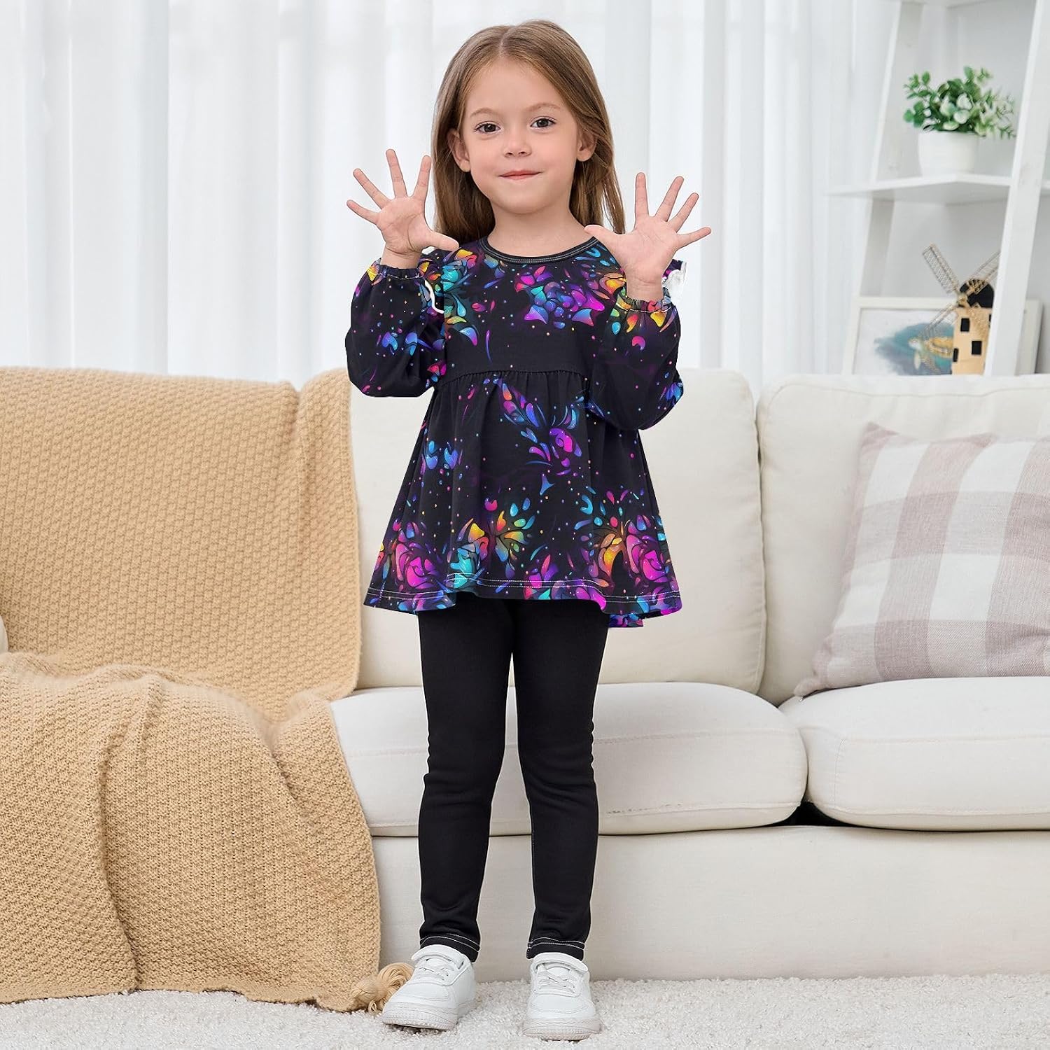 visesunny Toddler Clothes for Girls Neon Colored Leaves Long Sleeve Fall Shirts Cotton Top with Ruffle Collar
