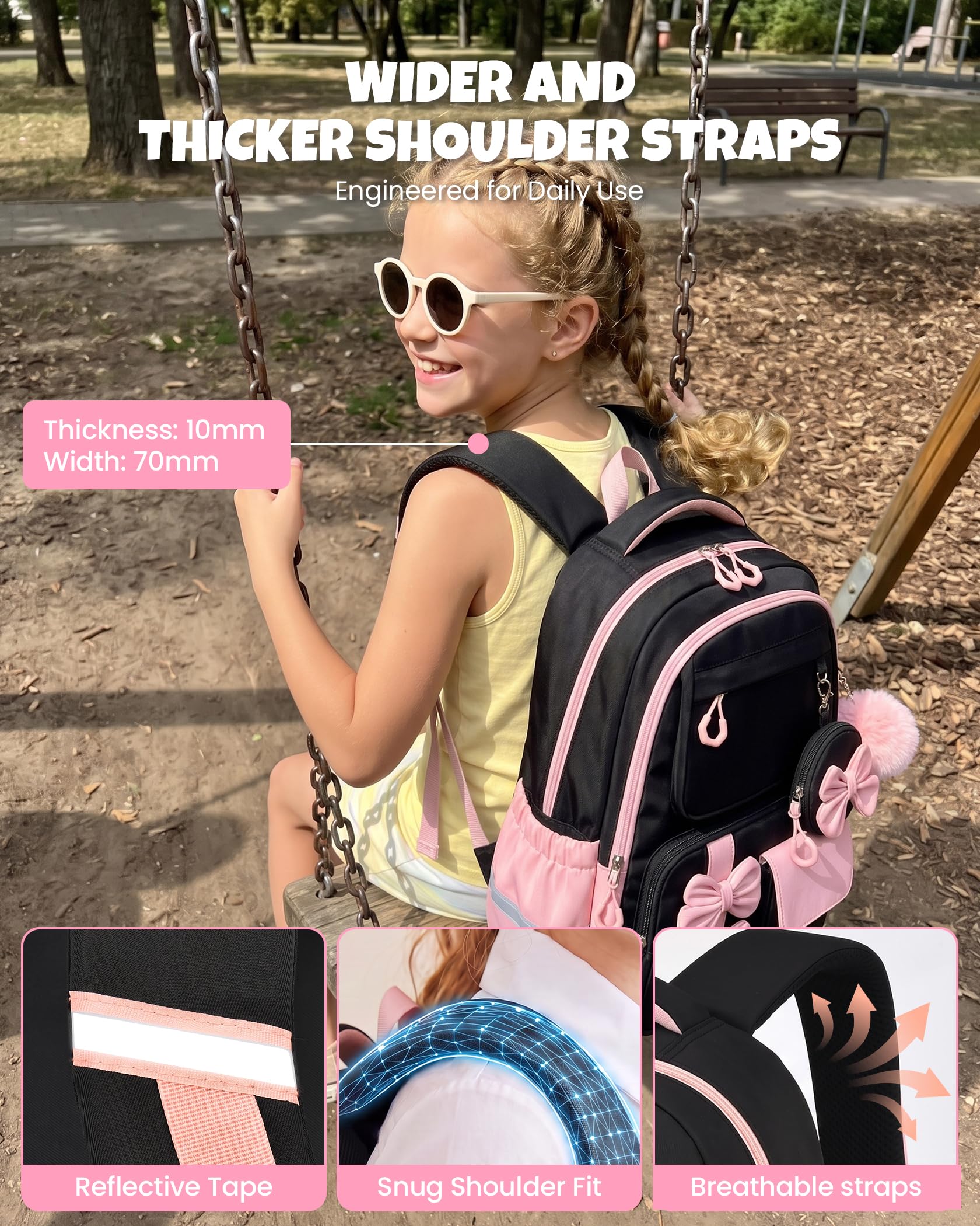 Amythe 3-teilige Schulrucksack Set Mädchen 3.-7. Klasse, 24L Schwarz-Rosa