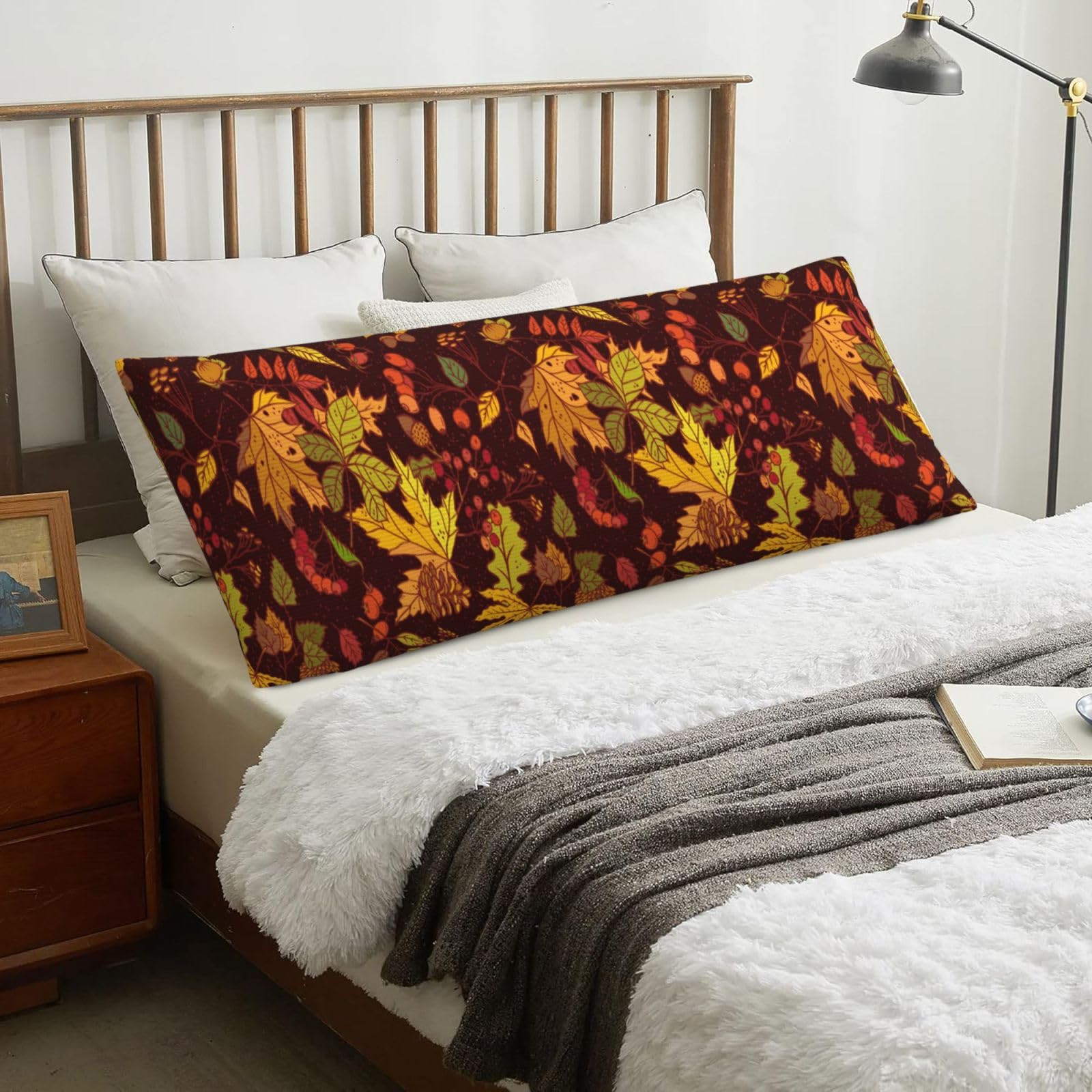 Fall Autumn Leaves Acorn Berries Printed, Body Pillow Cover with Zipper,Long Body Pillowcase 20 x 60 in