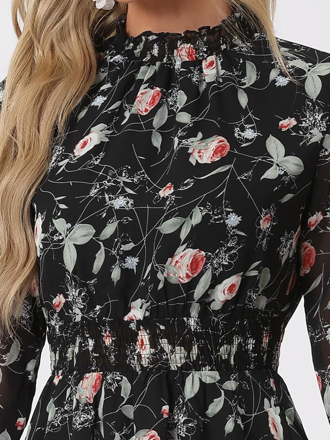 Allegra K Women's Floral Dress Chiffon Long Sleeve Mock Neck Ruffle Layered Smocked Mini Dresses - Image 5