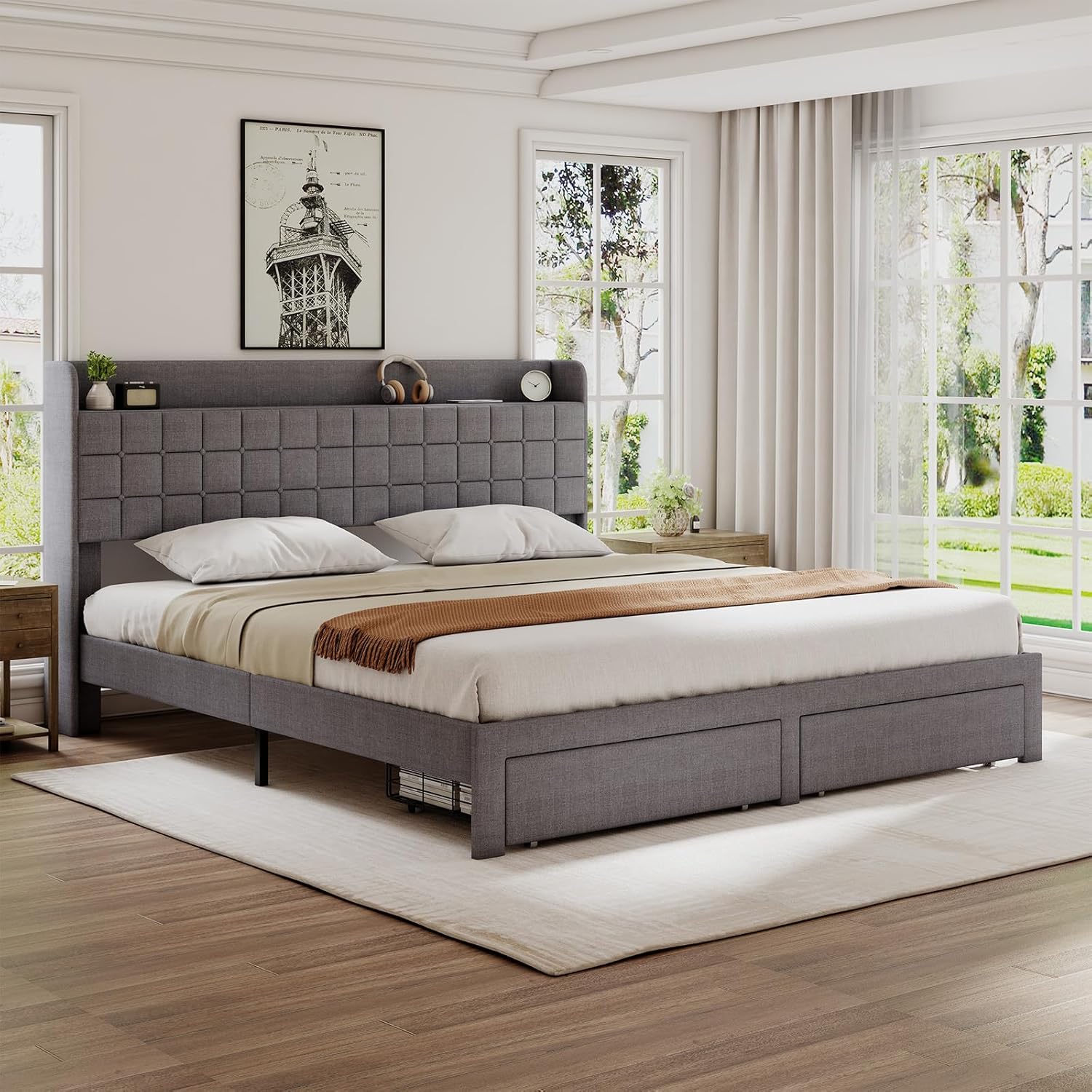 DUMOS King Size Upholstered Platform Bed Frame, King Bed with Storage Drawers and Fabric Headboard, Wooden Slats Support, 1323 lbs Weight Capacity, No Box Spring Needed, Easy Assembly, Gray