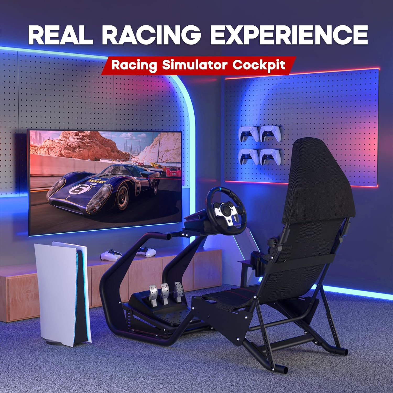 DIWANGUS Racing Simulator Cockpit - Sports Car Design, Adjustable Back & Headrest, Includes Gear Shifter - Compatible with Logitech/Thrustmaster/MOZA/FANATEC （Electronic not Included