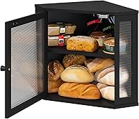 Vista 3 de Caja de Pan de Esquina para Encimera de Cocina, Caja de Pan de Madera de Bambú Negra, Caja de Almacenamiento de Pan de Gran Capacidad con Panel