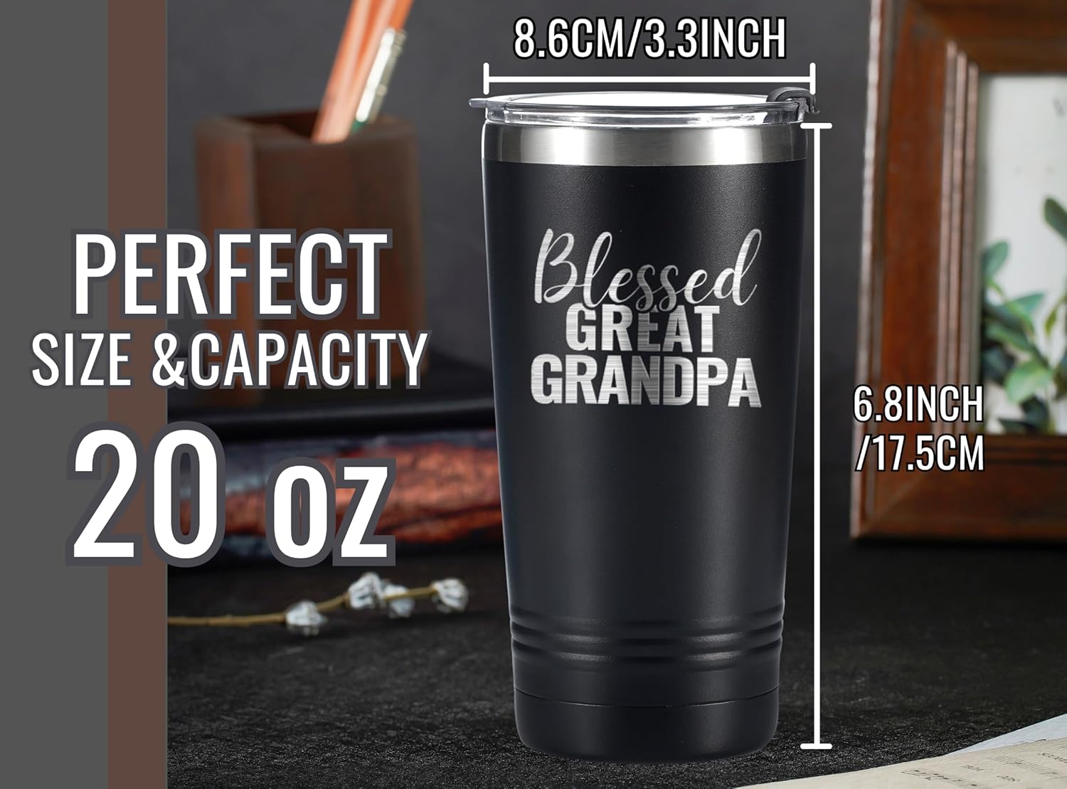 Onebttl Great Grandpa Gifts, Father's Day Gifts for Great Grandpa, Laser Engraved Design, 20oz/590ml, Stainless Steel Tumbler with Straw & Lid, Black - Blessed Great Grandpa - Image 5