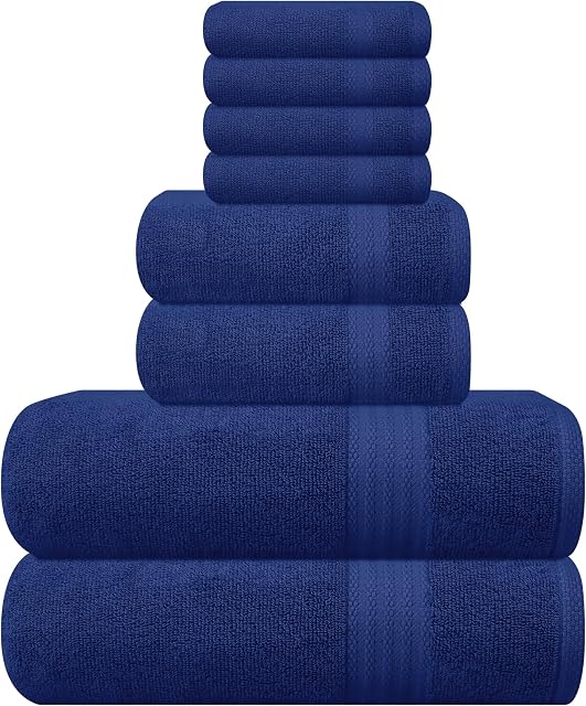 GLAMBURG Ultra Doucement 8-Piece Ensemble de serviettes - 100% Contient du coton pur à fil de fer, 2 Serviettes de bain surdimensionnées 30x54, 2 Serviettes à main 16x28, 4 Laver les vêtements 13x13 - Idéal pour une utilisation quotidienne, Hôtel & Spa - Bleu marine