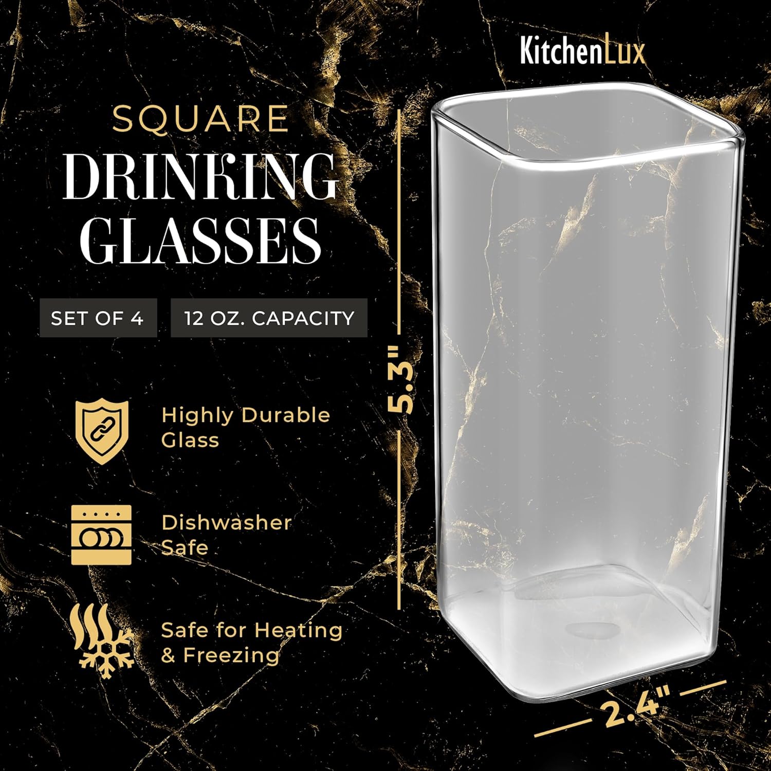 Square Drinking Glasses Set of 4 - Square Glass Cups 12 oz - Modern Glassware Set - Trendy Aesthetic Glass Ware for Highball Whiskey Cocktail Beer Water Tea Iced Coffee - Bar Accessories - Image 2