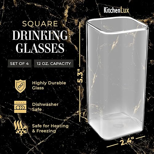 Miniatura 2 de Juego de 2 vasos cuadrados de vidrio de 12 onzas  Juego de cristalería moderna  Vajilla estética moderna para Highball, whisky, cóctel, cerveza,