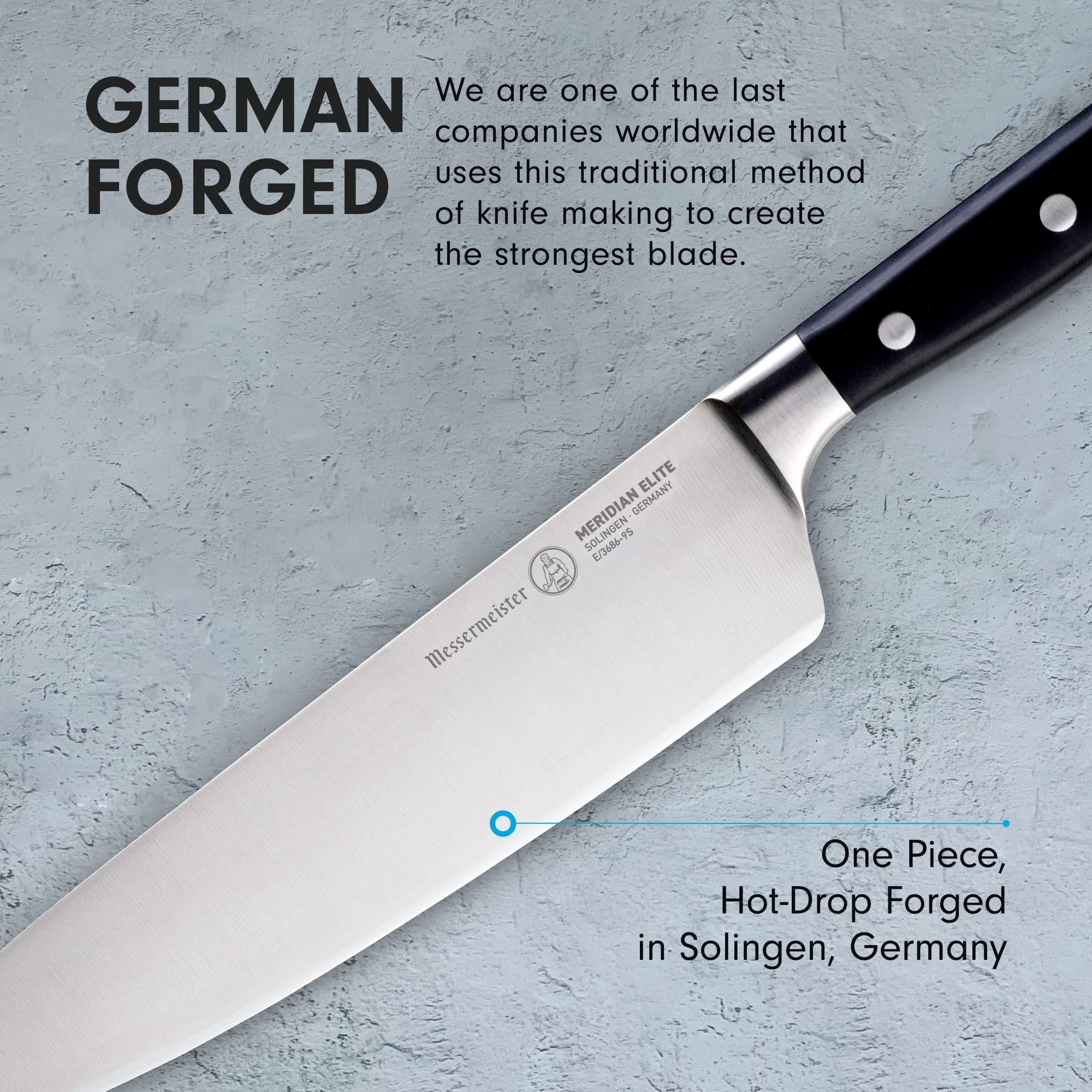 Messermeister Meridian Elite - Coltello da chef Stealth da 22,9 cm, lama in lega di acciaio tedesco, resistente alla ruggine e facile da mantenere