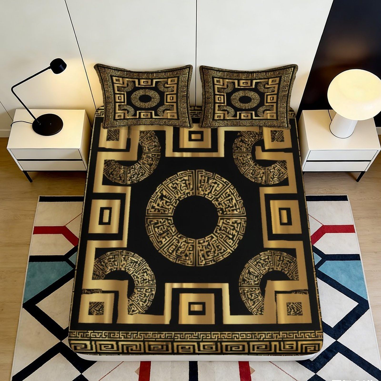 3D Printed Geometric Black Gold Fitted Sheet Microfiber Luxury Abstract Circle Mattress Cover Bedroom Decor 90x200x25cm