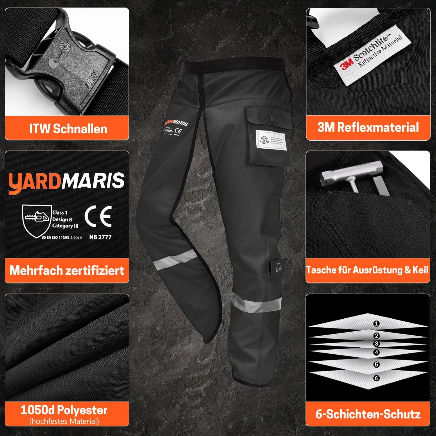 Pantalones anti-corte para motosierra con cinturón ajustable y bandas reflectantes 3M - Certificado UL (Negro)