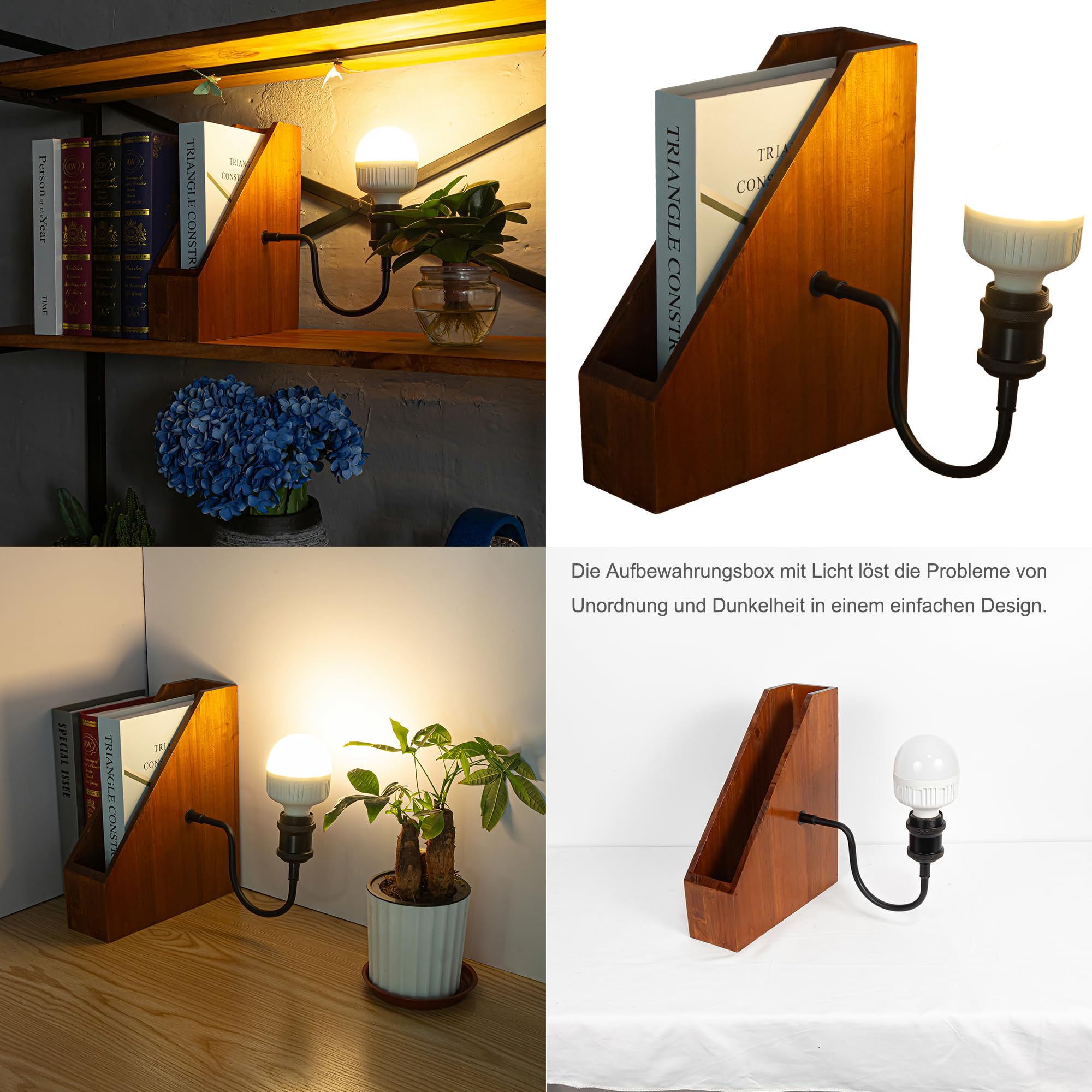 LED Buchlampe mit Fernbedienung, Vintage Dimmbar Nachttischlampe mit Praktischer Organizer 1xE27-Fassung, Wiederaufladbare Tischlampe Zeitschaltuhr für Nachttisch Beistelltisch DZ0031GY