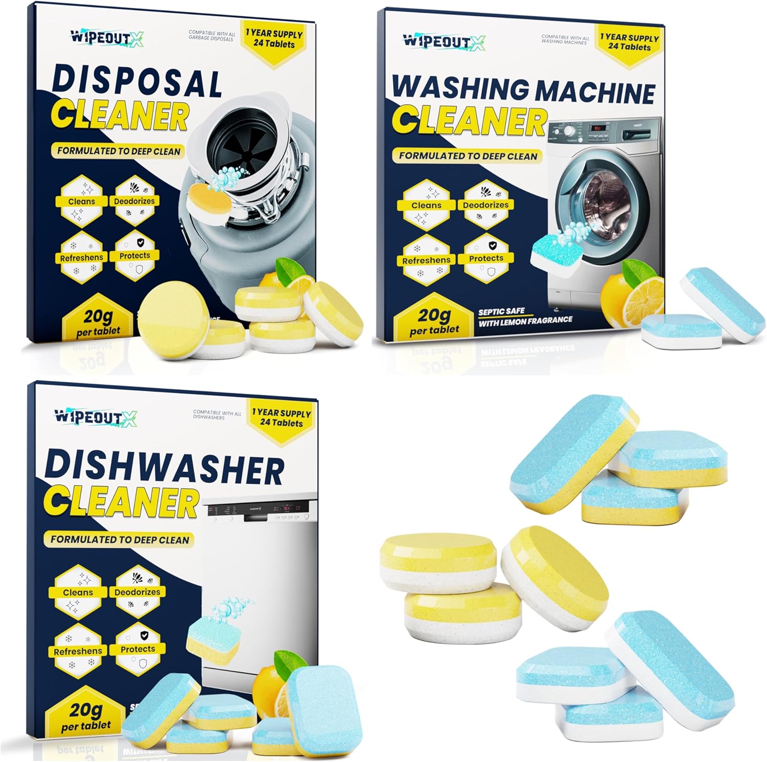 WipeoutX 3-in-1 Appliances Cleaner 72 Tablets Combo (24 Each) Dishwasher Cleaner, Washing Machine Cleaner & Garbage Disposal Cleaner Tablets – Deep Cleaning & Deodorizer
