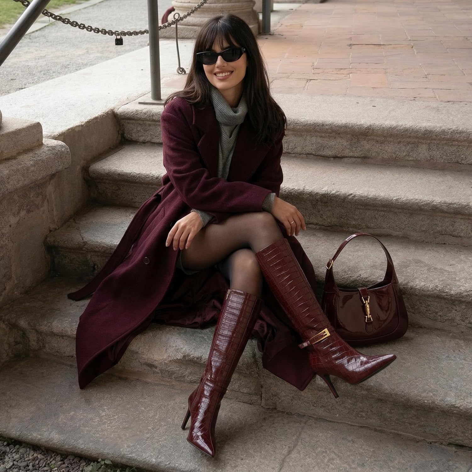 Knee High Boots Women Stiletto High Heel 3.3in, Side Zipper Pointed Toe Metal Buckle Tall Boots Dress Boots for Women, Comfortable Faux Leather Below the Knee Long Boots